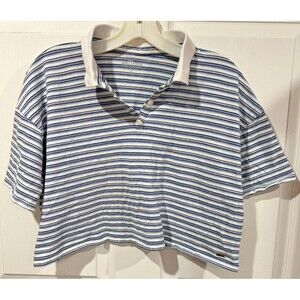 Hollister Crop Top Womens Size L Blue White Stripes Collared Polo Shirt 219